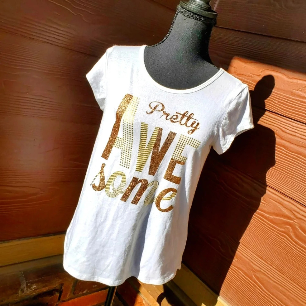 SO Girls Size 16 Pretty Awesome T-Shirt White and Gold Foil